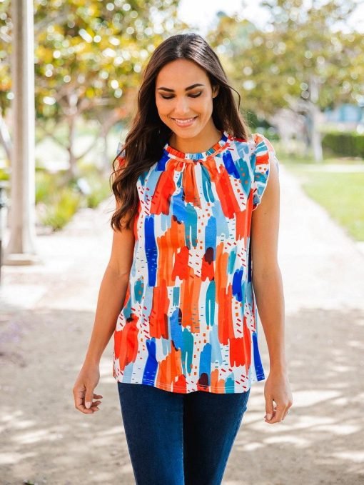 Abstract Print Flutter Sleeve Top - Image 3