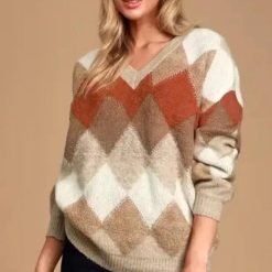 Anna Argyle Oversized V-Neck Sweater