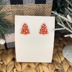 Christmas Tree Dotted Handmade Clay Earrings | Red/Gold