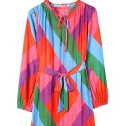 Color Block Pleated Long Sleeve Dress