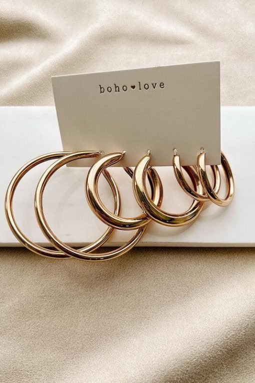 Gold Tube Hoop 3-Pair Earrings Set | Holiday Gifts for Women