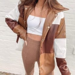 Color Block Brown Puffer Jacket