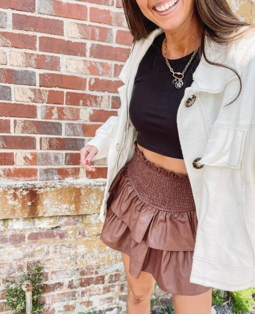 Faux Leather Smocked Skirt – Brown - Image 5