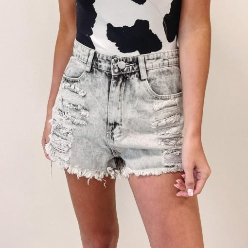 Grey Washed Denim Shorts - Image 3
