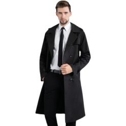 Men's Long Double Breasted Spring And Autumn Fashion Trench Coat Black