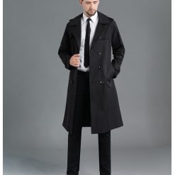 Men's Long Double Breasted Spring And Autumn Fashion Trench Coat Blue
