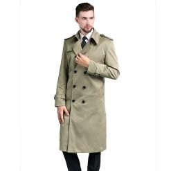 Men's Long Double Breasted Spring And Autumn Fashion Trench Coat Green